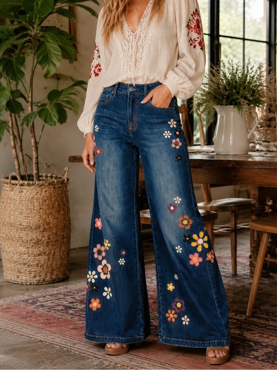 DRIFTWOOD Denim - DRIFTWOOD Navy Floral Wide-Leg Flare Jeans